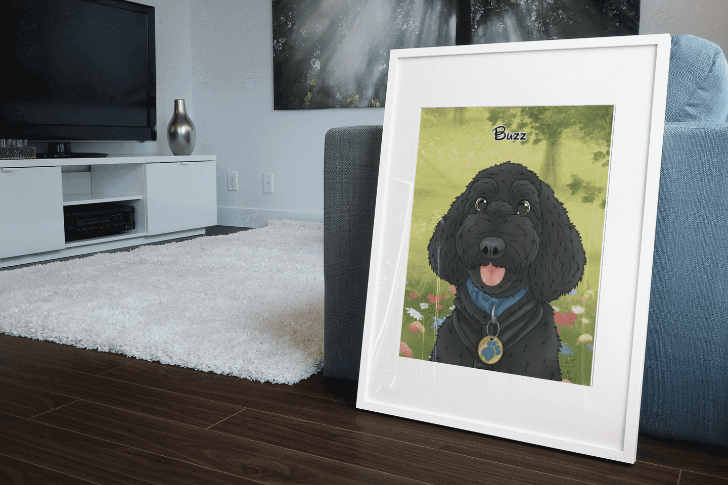 Custom Disney-style pet portrait of Buzz, a black curly-haired dog, in a beautifully illustrated forest background—order yours from Toonized!