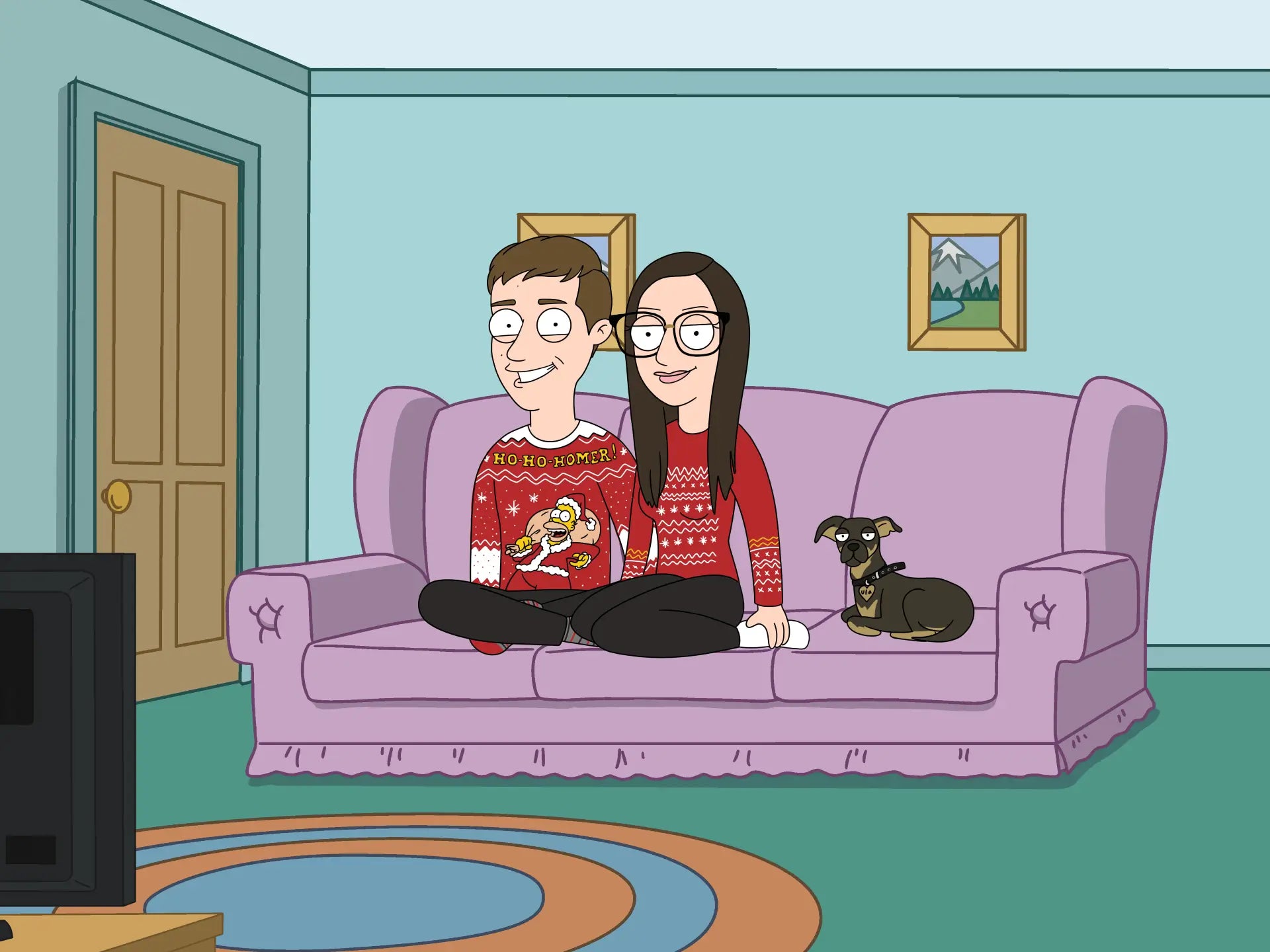 Custom Family Guy-style cartoon of a happy couple and their dog on a couch, drawn in Toonized’s unique style—turn your photos into animated art!